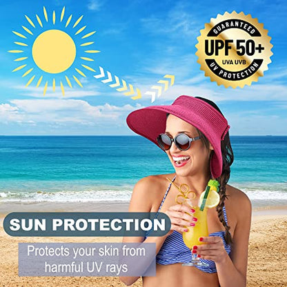 Straw Sun Visor for Women, Wide Brim UPF 50+ Protection Beach Hat, Adjustable, Roll Up Foldable Ponytail Cap with Chin Strap - color: Hot Pink