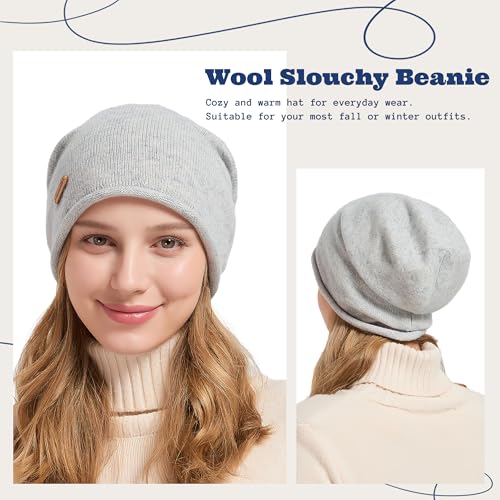 ACUSHLA 100% Merino Wool Slouchy Beanie for Women Men Winter Hat Skull Cap - color: Light Grey