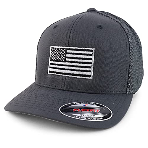 Armycrew XXL Oversize USA American Flag Embroidered Flex Fitted Mesh Back Baseball Cap - color: Charcoal