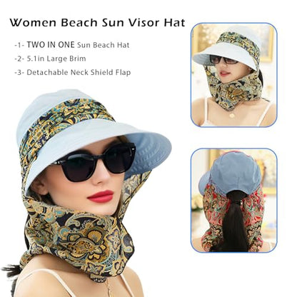 haozaikeji 2-in-1 Women Wide Brim Sun Hat UPF 50 Sun Protection Beach Hat Zipper Off Sun Visor Hats with Detachable Neck Flap - color: Grey