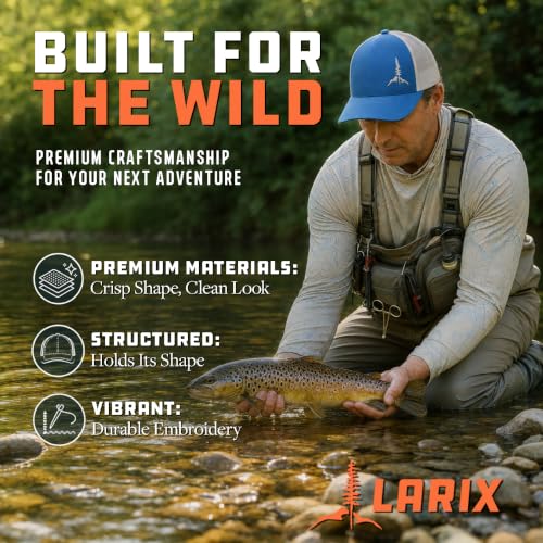 Larix Hats for Men, Trucker Hat Men, Tamarack Mountain, Mesh Snapback - color: Royal Blue Beige - Tm