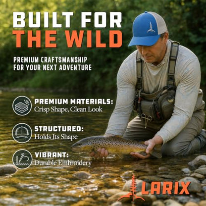 Larix Hats for Men, Trucker Hat Men, Tamarack Mountain, Mesh Snapback - color: Royal Blue Beige - Tm