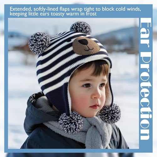 Baby Winter Hat Toddler Beanie Warm Fleece Lined Earflap Cap with Pom Pom - color: O2pcs Bear Navy & Bear Beige, size: 0-12 Months