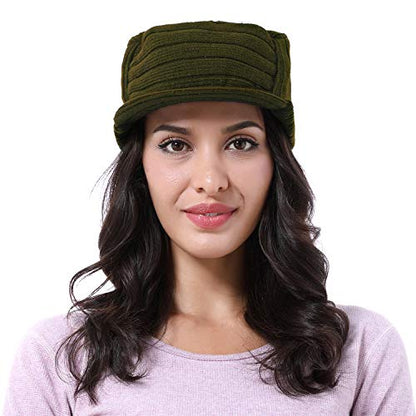 Solaris Army Style Flat Top Knit Cap Beanie WinterHat with Visor, for Women & Men - color: Olive