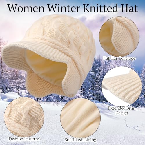Jenaai Winter Beanie with Brim and Earflap for Woman Outdoor Warm Thermal Knitted Hat for Women Men Cold Weather - color: Beige