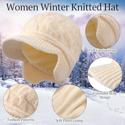 Jenaai Winter Beanie with Brim and Earflap for Woman Outdoor Warm Thermal Knitted Hat for Women Men Cold Weather - color: Beige