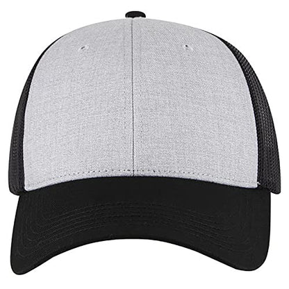 Ashen Fane 6 Panel Blend Twill Structured Low Profile Mesh Back Snapback Trucker Hat - color: Blk/H.gry/Blk