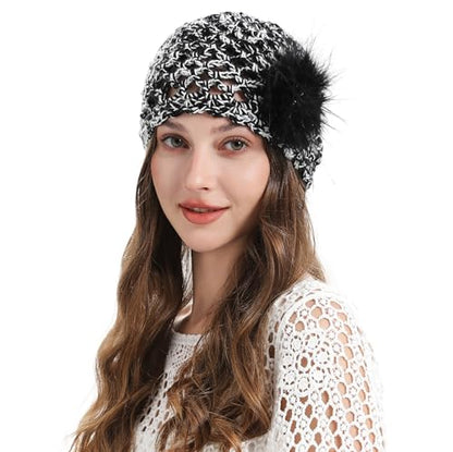 ZLYC Women Crochet Beanie Hat Summer Handmade Knit Decorated Skull Cap - color: Feather Black Mixed White Black