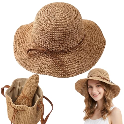 Straw Hat, Beach Hat and Sun Hat for Women, Foldable and Packable Design with Hand-Woven Bow, Ideal for Beach Outings, Travel and Outdoor Activities