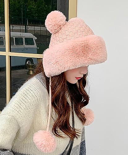 Winter Pompom Beanie Hats Women Knit Womens Beanie Faux Fur Crochet Skull Cap Warm Bucket Outdoor Ear Cover - color: Pink