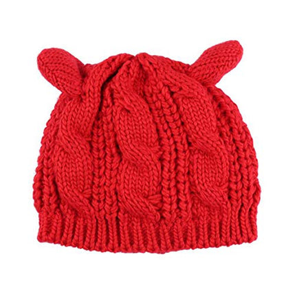 Women Winter Wool Baggy Beret Beanie Cute Devil Cat Ear Crochet Braided Knit Hat Ski Cap - color: Red