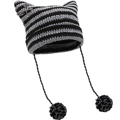 XYIYI Crochet Hats for Women Fox Knit Hat with Pompoms Grunge Goth Accessories Slouchy Beanies for Women Girls - color: Black Grey