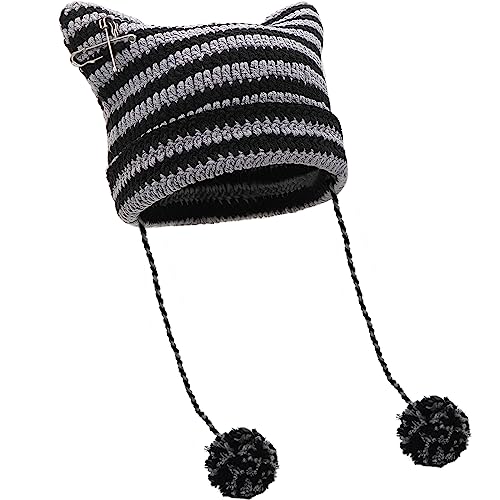 XYIYI Crochet Hats for Women Fox Knit Hat with Pompoms Grunge Goth Accessories Slouchy Beanies for Women Girls - color: Black Grey