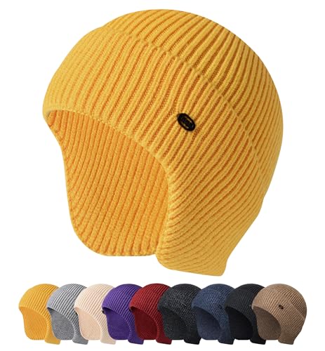 HiRui Knit Beanie Hats Winter Hats Ear Covers for Men Women-Warm Daily Headwear - color: Yellow