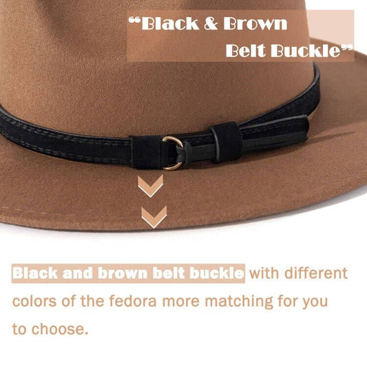 Lisianthus Men & Women Vintage Wide Brim Fedora Hat - color: Z Black Belt-khaki, size: Medium