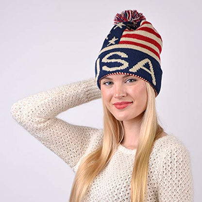 USA Winter Hat - Knit, Cuffed Beanie with Pom Pom, USA Flag Design, Warm Fun for Cold Days - size: Large-X-Large