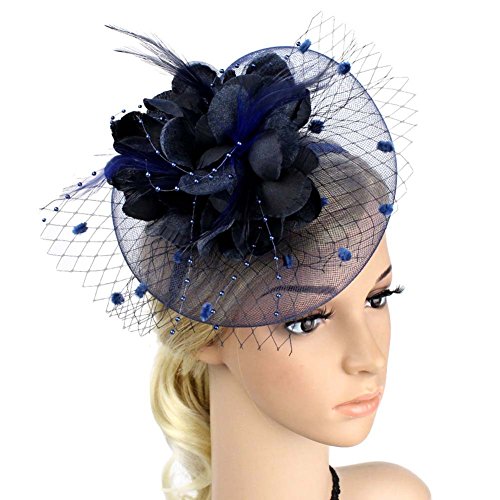 ACTLATI Fascinators Hat for Women Tea Party Headpiece Wedding Cocktail Flower Mesh Feathers Hair Clip 20s Flapper Fascinators - color: A7-navy Blue