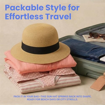 Funky Junque Foldable Wide Brim Straw Sun Hat, Packable Beach Cap - color: Natural