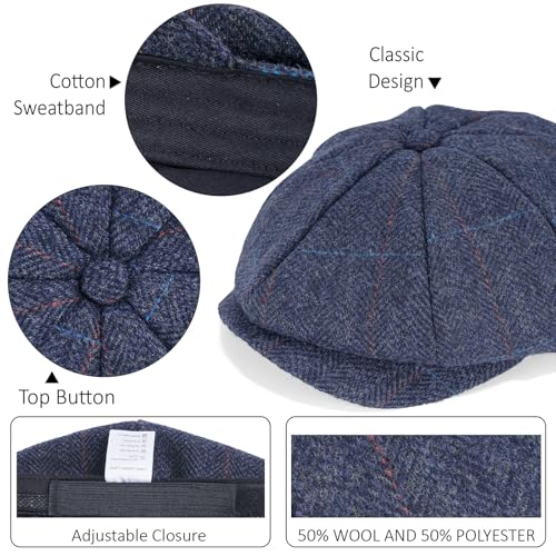 Mens Newsboy Cap High Woolen Tweed Gatsby Hat Ivy Cabbie Flat Golf Cap for Fathers Women Unisex - color: Herringbone Plaid Navy, size: 7-7 1/8