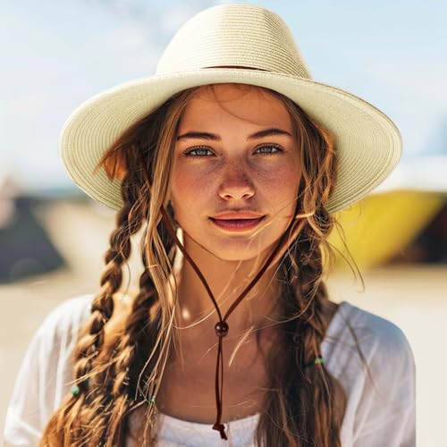 DRESHOW Womens Summer Straw Sun Hat Wide Brim Bucket Hats Fedora Hat Panama Beach Hat with Chin Strap UPF 50+ - color: 1 Pack Panama Hat: Oatmeal White