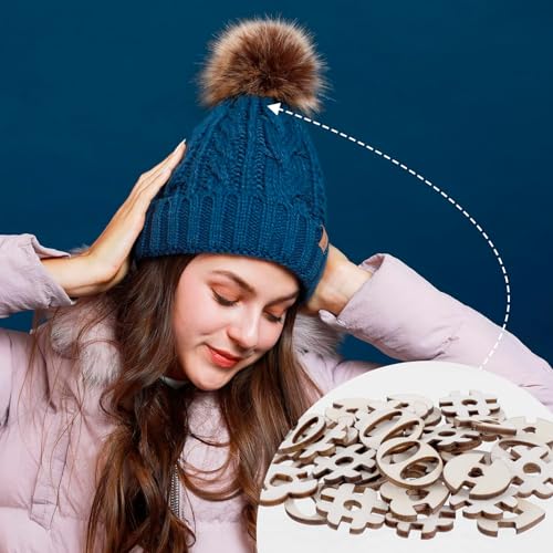 60pcs Wooden Hat Pom Poms Buttons, 4 Styles Removable Knitted Hat Button, Faux Fur Fastener Sewing Accessories for Crochet Knitting Beanies- Light Brown - color: Light Brown- 4 Styles-60pcs