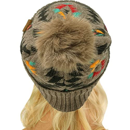 C.C Fur Pom Winter Fall Trendy Chunky Stretchy Cable Knit Beanie Hat - color: Aztec Taupe