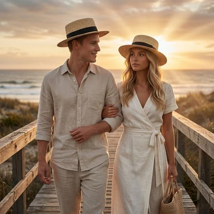 Straw Boater Hat for Men and Women, Flat Top Skimmer Hat for Amish Costumes - color: Black