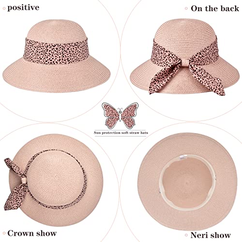 Womens Straw Sun Hat Summer Beach Wide Brim UV Protection Hats with Chin Strap Floppy Foldable Cute Bowknot UPF 50 Cap - color: Leopard Pink