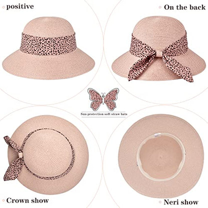 Womens Straw Sun Hat Summer Beach Wide Brim UV Protection Hats with Chin Strap Floppy Foldable Cute Bowknot UPF 50 Cap - color: Leopard Pink