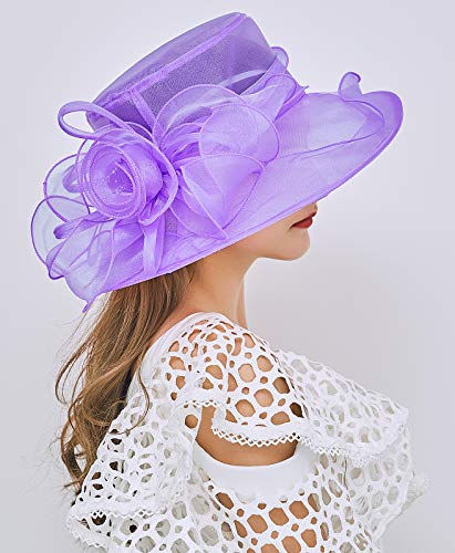 Women's Kentucky Derby Church Dress Hat Wide Brim Leaf Flower Bridal Shower Hat - color: F4 Purple