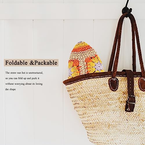 Womens Multicolor Floral Crochet Straw Sun Hat Wide Brim Summer Beach Hat - color: Orange