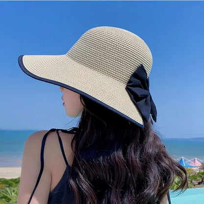 Womens Mens Wide Brim Straw Panama Hat Beach Sun Hat Summer Wide Brim Straw Roll up Hat Fisherman's UPF 50 - color: -Khaki