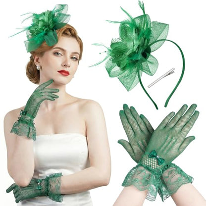 Fascinators Hats with Lace Gloves for Women Headband for Tea Party Wedding - color: Green