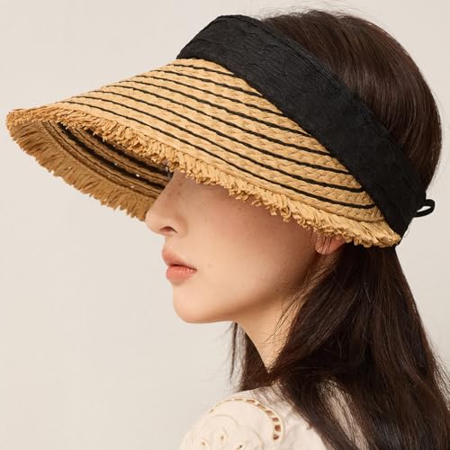 Straw Sun Visor Summer UV Protection Packable Wide Brim Beach Hat Ponytail Women - color: B-black