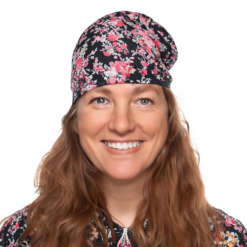 Jemis Sweet Heartwarming Breast Cancer Beanie Hat, Romantic Knitted Hat, Cancer Headwear Caps Baggy Skull Sleep Scarf - color: 2 Pack Black & Pink