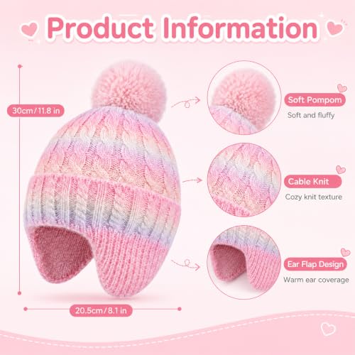 Girls Rainbow Earflap Beanie, Kids Pom Pom Knit Winter Ski Hat Ages 3-8 - color: Pompom - Pink/Blue/Yellow
