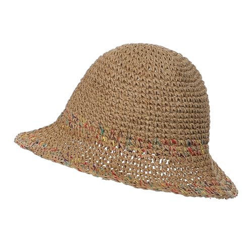 Womens Little Girls Summer Crochet Straw Bucket Hat Colorful Floppy Sun Shade Boonie Cap Wide Brim Beach Vacation Sun Hat - color: Khaki, size: Large