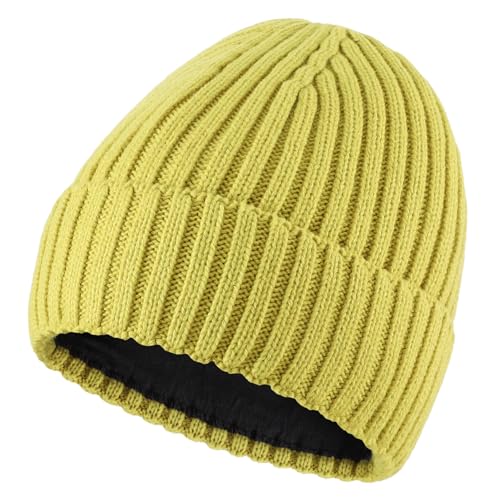 Connectyle Fleece Lined Cuffed Beanie Hat for Men Women Knitted Winter Wool Beanies Skull Cap Warm Watch Hat - color: Yellow-green