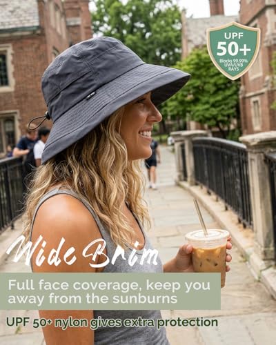 Bucket Sun Hat for Women, UPF 50+ Wide Brim, Packable, Waterproof Rain Hat for Hiking Outdoor Travel - color: Dark Grey