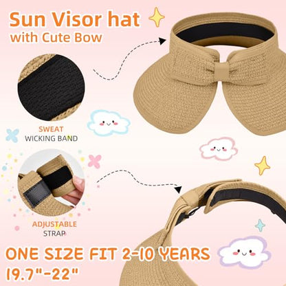 Girls Sun Visor Hat with Ponytail Hole Wide Brim Beach Straw Visor UPF 50+ - color: 1pack-khaki