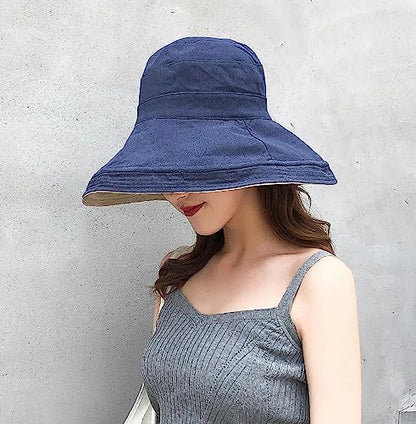 Women Wide Brim Sun Hats Metal Wired Edge Summer UV Protection Beach Fishing Hat for Hiking Garden Travel Chin Strap - color: Lant001-navy, size: One Size