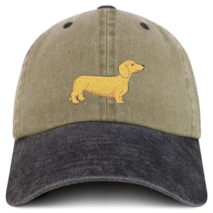 Trendy Apparel Shop Dachshund Embroidered Dog Theme Low Profile Dad Hat Cotton Cap - color: Khaki Black