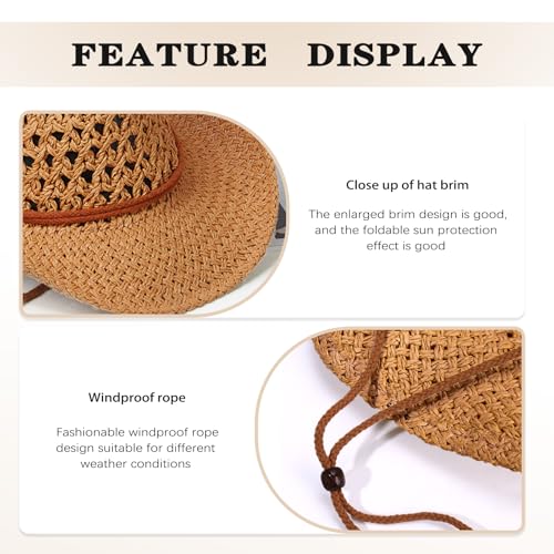 Women/Men Straw Cowboy Hat Wide Brim Sun Beach Cowgirl Hat Summer Western Cowboy for Travel Outdoor Family - color: Khaki