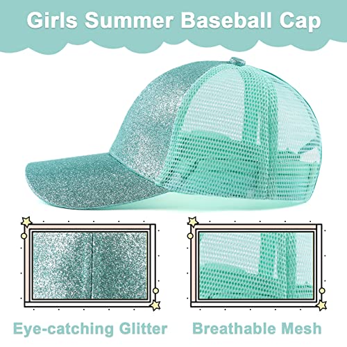 Zsedrut Girls Glitter Baseball Cap Kids Adjustable Ponytail Hat Toddler Summer Mesh Trucker Hats - color: Green