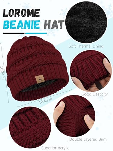 LOROME Winter Beanie Hat Scarf Gloves, Warm Fleece Knit Neck Scarf Set Gift - color: Wine Red