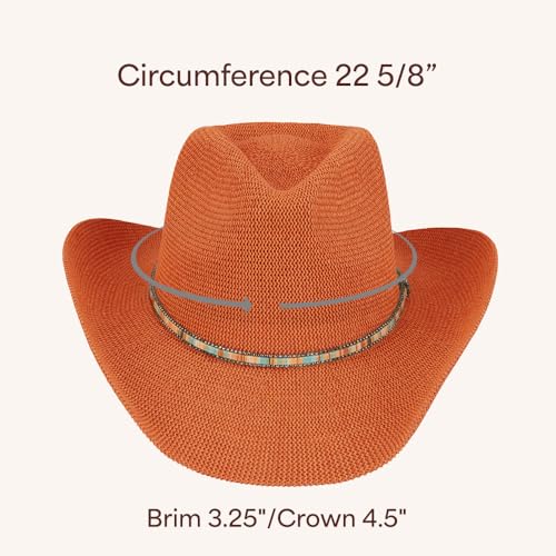 C.C Knitted Cowboy Hat for Women Lightweight Woven Western Hat with Multicolor Trim Band, Wide Brim Summer Sun Hat - color: Clay