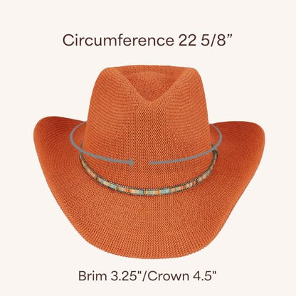 C.C Knitted Cowboy Hat for Women Lightweight Woven Western Hat with Multicolor Trim Band, Wide Brim Summer Sun Hat - color: Clay
