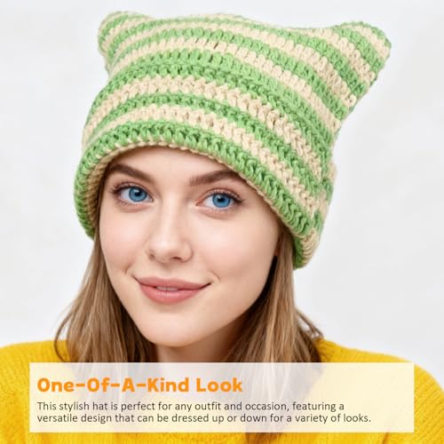 Women Beanie Warm Winter Hats, Soft Knit Lazy Beanie for Women, Women Cat Beanie，Women Fox hat, Slouchy Beanies for Women - color: Beige Green & Black 2pcs