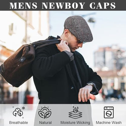 Senker Fashion 2 Pack Newsboy Cap for Men, Wool Blend Tweed Flat Cap - color: Black Grey