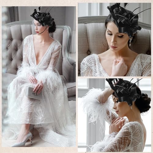 Zando Kentucky Fascinators Hats for Women Derby Tea Party Hat Flower Mesh Feathers Headband Headwear Hair Clip Girls - color: Ribbon Black